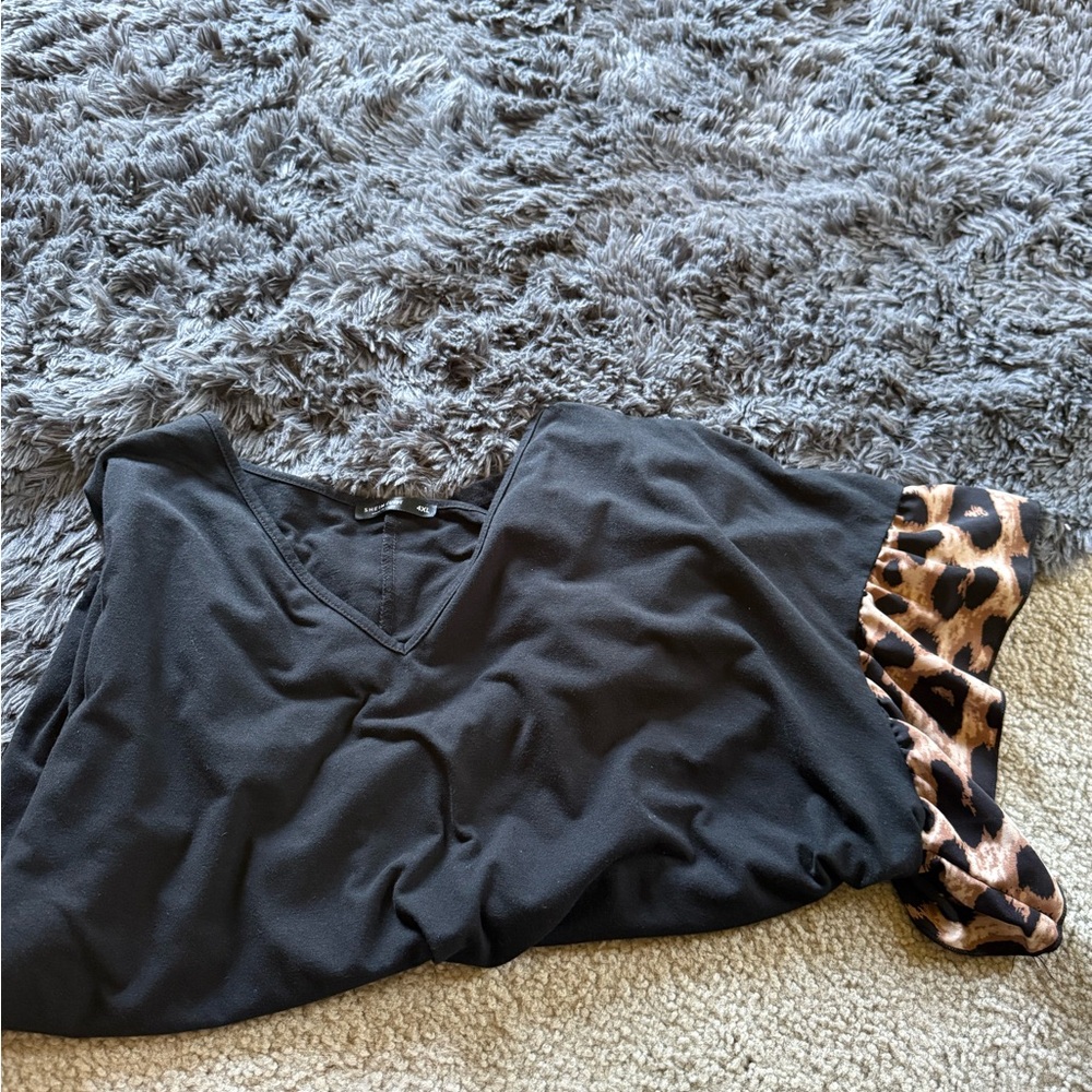 SHEIN Black Blouse with Leopard Print Sleeves